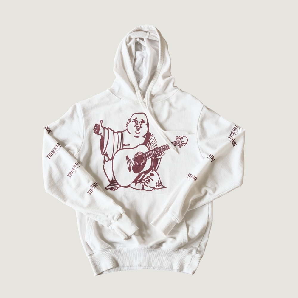 True Religion Hoodie Buddha Graphic White Pullover Sleeve Logo Small Y2K Street